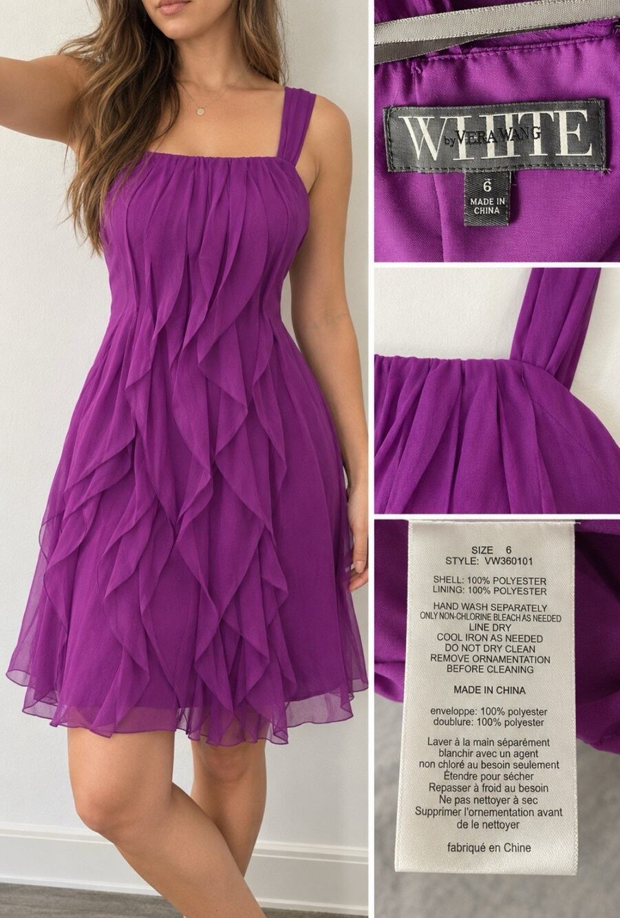 Y2K 2000s White by Vera Wang Women's Petal Ruffle Fit-Flare Dress Size 6 Purple